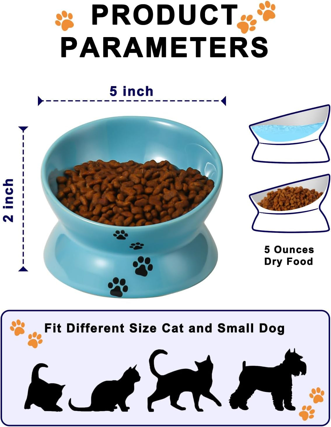 Elevated Cat Food Bowl, Ceramic Raised Bowl, Tilt Angle Protects Cat'S Spine, anti Vomiting Dish, Backflow Prevention, Lake Blue